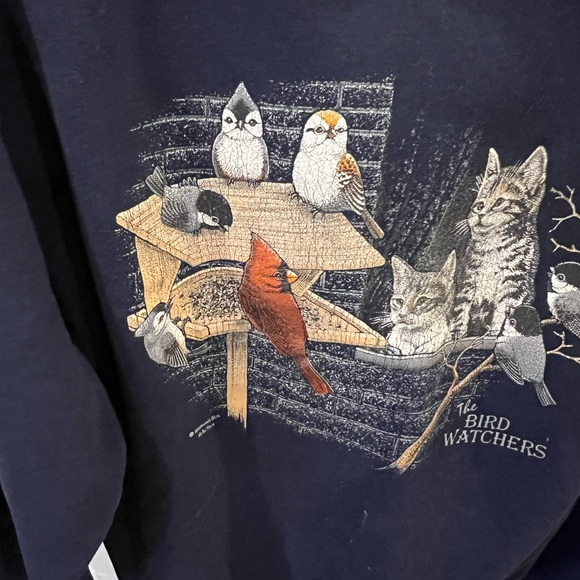 Vintage Morning Sun ❤️🔥 The Bird Watchers Navy Sweatshirt with Cats & Birds - Picture 6 of 6